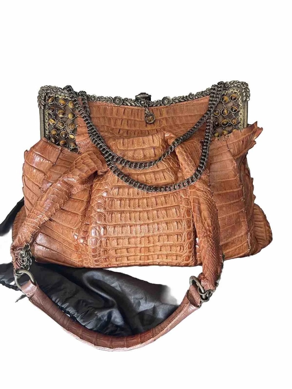 Croc-Embossed Tan Leather Shoulder Bag with Decorative Chain Detail